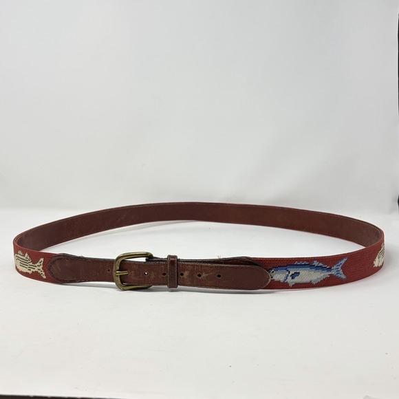 Smathers and Branson Needlepoint Belt Fish Red Canvas Brass Buckle Size 48 - Picture 4 of 10